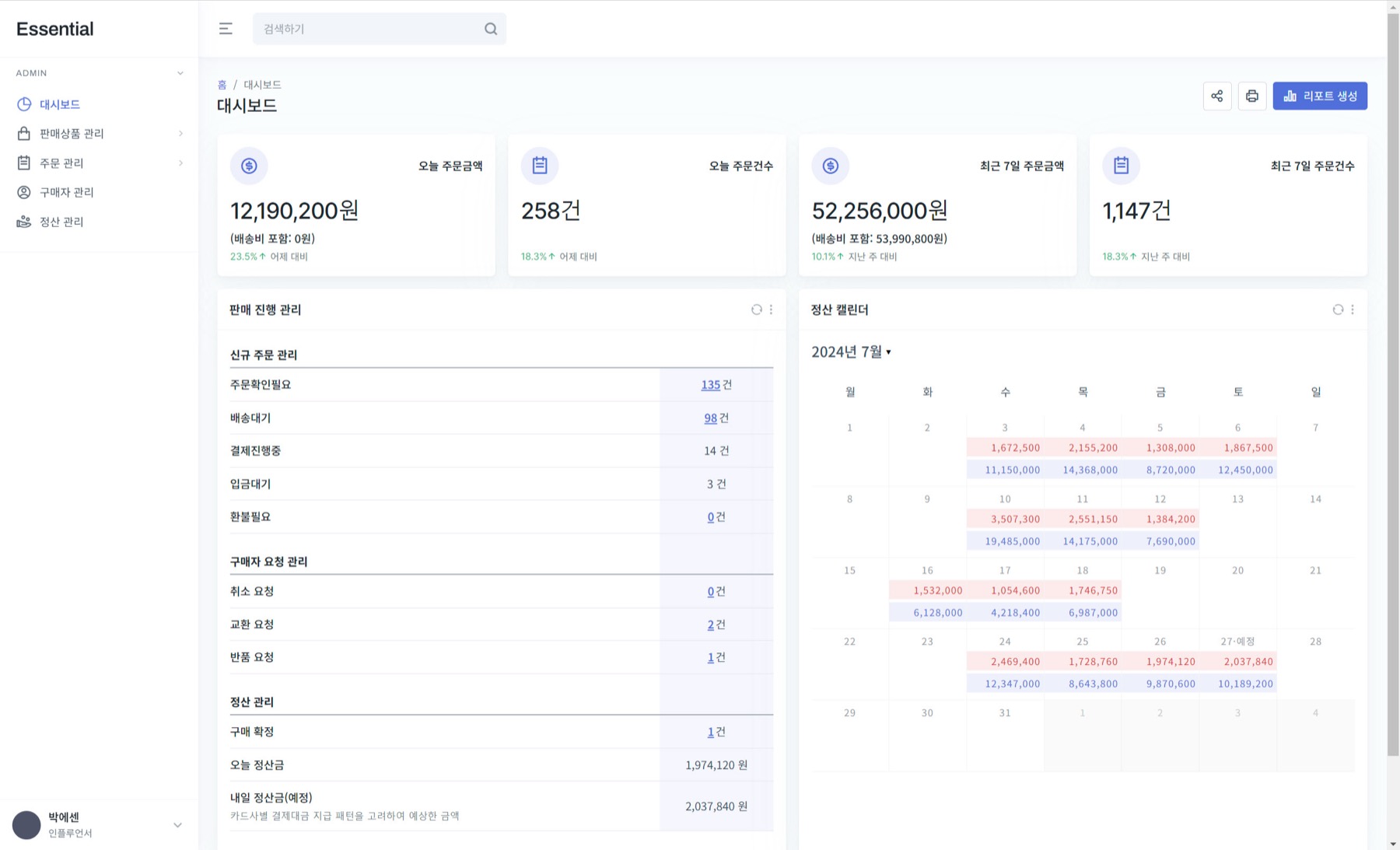 Essential Admin 대시보드 — 실시간 주문·매출 현황
